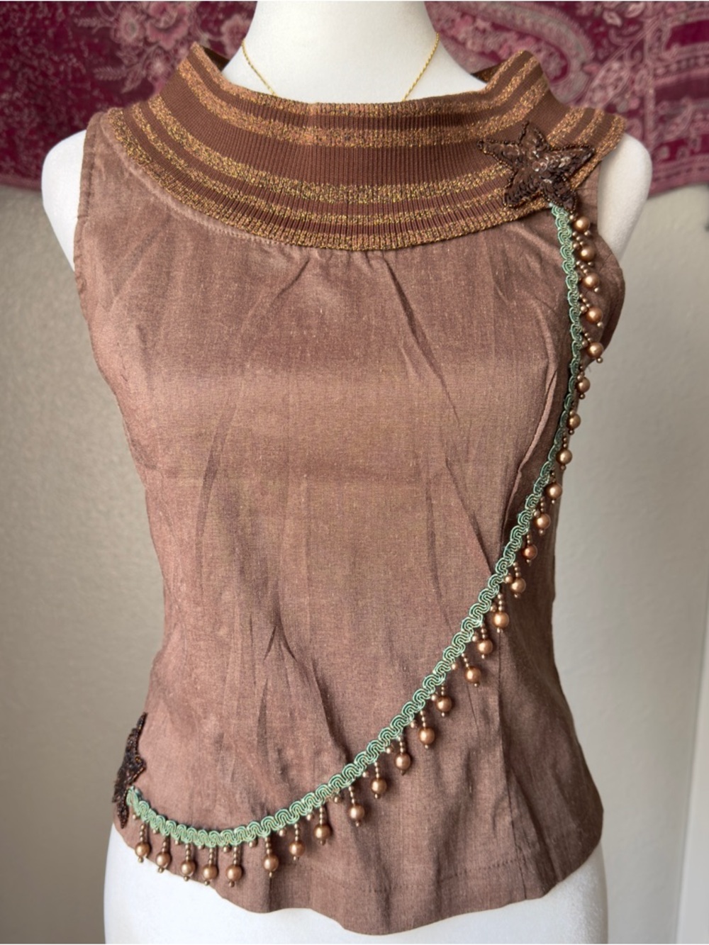 Brown Off Shoulder Y2K Sequin Beaded Cropped Women’s Small Boho Summer Top